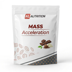 White packaging for AllNutrition's Mass Acceleration supplement. Bold 'Mass' and 'Acceleration' in contrasting color. Sealed plastic bag with simple, informative design.