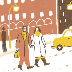 Colin Firth and Livia Firth walking together on a chilly evening. Neon-lit cityscape, bustling street, parked car with illuminated emblem