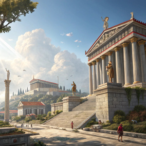 A detailed digital painting of Assassin's Creed Odyssey. Massive, ancient Greek city with marble columns and statues. Bright blue sky