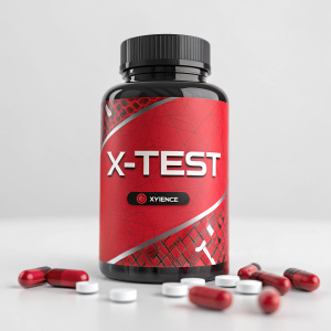 X-Test from Xyience, a bottle of dietary supplement designed to enhance natural testosterone levels and support muscle growth. It features a striking red label and includes 90 capsules.