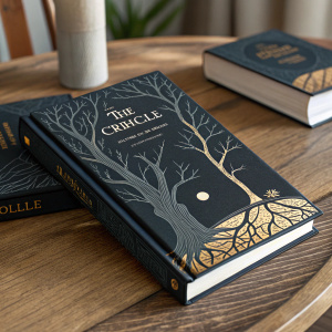 The front and back cover of 'The Crucible' by Arthur Miller. Dark color scheme with intricate tree-like designs. Book resting on wooden table.
