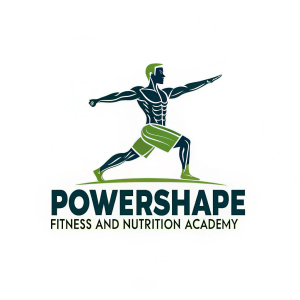 Logo for PowerShape Fitness and Nutrition Academy. Vibrant green human figure doing yoga pose with bold font.