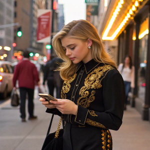 Chloe Grace Moretz in a chic black blouse with gold embroidery. Standing in a crowded city street, focusing on a smartphone in her hand
