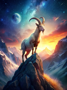 Craft an image of Capricorn as a mountain goat, climbing a snowy peak, reflecting their ambitious climb to success and disciplined determination, warm color