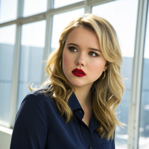 Taylor Spreitler, young actress, serious face, blonde hair, bold red lipstick. Wearing a dark blue shirt. Taken in an office setting with a bright window behind her, casting natural light on her face.
