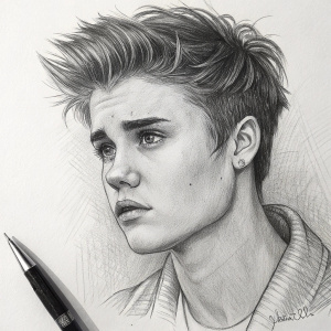 Justin Bieber, intense expression, sketch with fine details. Graphite pencil on paper.