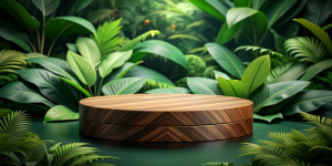 Wooden product display podium with blurred nature leaves background. 3D rendering