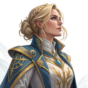 Caucasian female Jaina Proudmoore, blonde hair, confident pose, elegant attire with blue and gold details, plain white background.