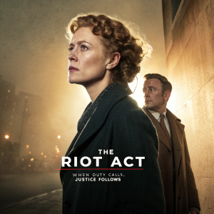 Movie poster for 'The Riot Act'. Determined Caucasian woman with curly updo, standing in front of dimly lit cityscape. Supporting male actor by her side. Textured beige background. Promotional tagline: 'When duty calls, justice follows.'