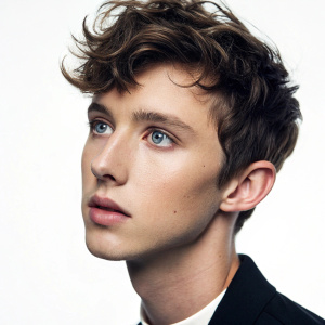 Close-up of Troye Sivan's face. Studio portrait. White background