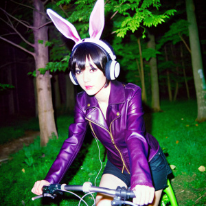 anime androgynous guy biker leather rabbith ears music in the woods