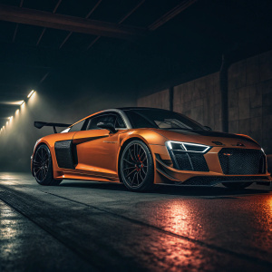 Digital art showcasing an Audi R8 Widebody. Dark and moody setting, with the car's orange and black paintwork glowing vividly. Features include sleek body kit, large wheels, and a powerful rear spoiler. The lighting highlights the car's aerodynamic shape, making it stand out like a jewel.