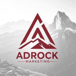 Adrock Marketing logo featuring angular letters A and R forming a mountain. Brand name below in bold red. Modern and sleek design.