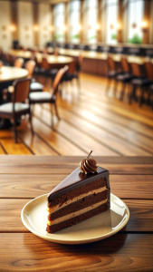 Stylish restaurant atmosphere on wooden floor. It plays pleasant mid-tempo music. The viewer focuses on the image of a slice of chocolate cake