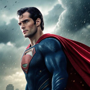 Caucasian male actor Henry Cavill in character as Superman. Strong jawline, determined expression. Wearing iconic blue and red suit with emblem and flowing cape. Set against a backdrop of stormy sky and falling debris. Promotional photo for Man of Steel.