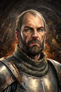 medieval english noble knight dressed in plate mail without helmet, 40 years old, close-up, abstract black background, comic book style, realistic, grimdark