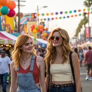 Actresses Bella Thorne and Samara Weaving at a bustling street festival. Both wearing casual attire, amidst vibrant festival decorations and lively crowd.