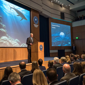 Dr. Robert Ballard giving a keynote speech at the oceanographic conference. The auditorium is filled with formally dressed attendees.