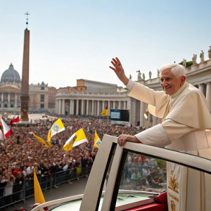 Pope Benedict XVI waving from the popemobile. Enthusiastic crowd holding Vatican flags in St. Peter's Square, Rome