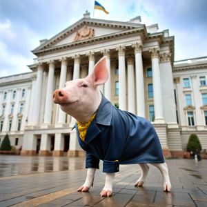Боевая украинская свинья в пиджаке на фоне верховной рады