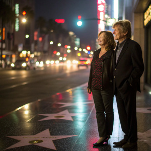 Robert Redford and Laura Skandera Trombley stand in front of the bustling Hollywood Walk of Fame, their silhouettes captured against the vibrant city lights.