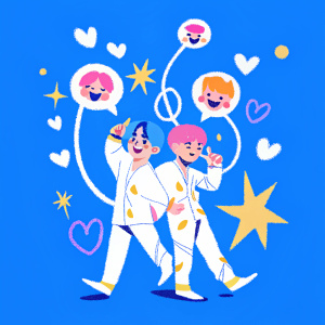 Illustration featuring BTS members with cartoon emojis and playful characters intertwined around their faces.