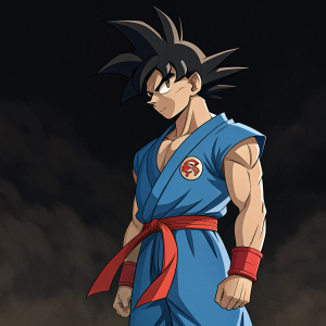 Goku from Dragon Ball, intense expression. Wearing a blue gi with red sash. Dark background, fighting stance.