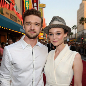 Justin Timberlake and Carey Mulligan attending a Hollywood charity gala. Justin in a white shirt, Carey in a stylish hat. The backdrop is a crowded, vibrant street with colorful storefronts.