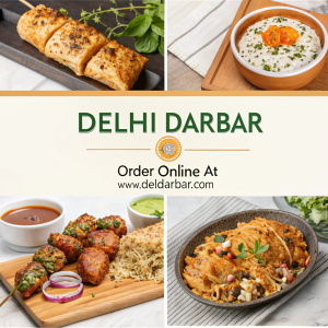 Digital ad showcasing Delhi Darbar menu. Featured dishes include Tandoori Chicken Roll, Beef Seekh Kebab, and Bhel Puri. Order online at www.deldarbar.com
