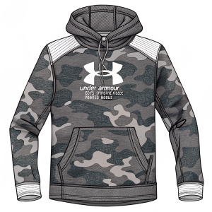 Under Armour Boys' Sportstyle Fleece Printed Hoodie in camo pattern. Front view showcasing the white logo, hood, and drawstring. Product shot