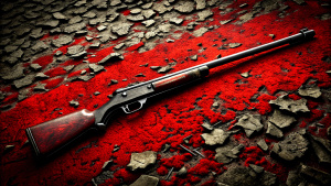 an old rifle sitting on the ground