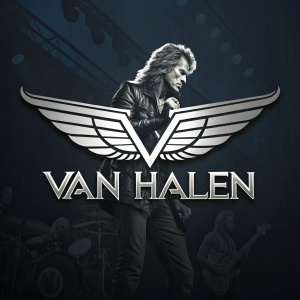 The Van Halen logo features a sleek, metallic wing design with modern typography. Set against a dark background, the logo stands out with its prominent band name and angular silhouette.