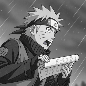 Naruto Uzumaki, in a dramatic scene, clutching a scroll to his lips. Black and white, high contrast, traditional manga art style.