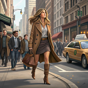 Jennifer Aniston walking down a bustling city street, wearing a brown trench coat, brown boots, and a short skirt. Crowded street scene with various passersby in the background.