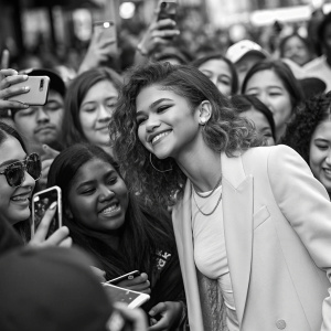 A black and white candid photo of Zendaya at a lively public event. Surrounded by diverse crowd with various poses. People of different ethnicities, genders, and ages pressing in, some leaning closer to her.