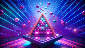 A modern image of Plinko, the 2D interface of the online game Plinko, a small vertically standing triangle in the center of the image, inside which there are only pink and purple balls surrounded by flying triangles with balls inside, effects in the background