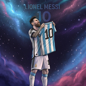 Lionel Messi, Argentine footballer, standing against a digital galaxy background. Holding jersey with number 10, eyes intense.