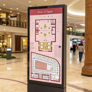 Interactive map of Mall of Egypt featuring detailed floor plans, highlighted amenities, warm pink hues, user-friendly navigation, clear labels for stores and cafes, digital format