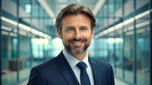 portrait of successful  businessman consultant looking at camera and smiling inside modern office building