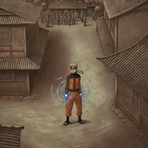 Naruto from Naruto series, orange and black attire, intense expression. Village backdrop.