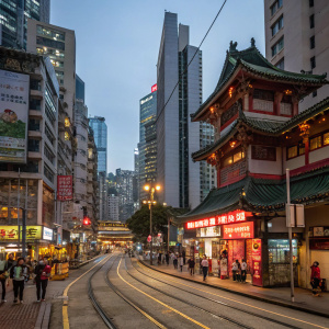 In the bustling streets of Hong Kong, ancient temples stand beside sleek skyscrapers, their contrasts striking yet harmonious. Colorful advertisements and neon signs light up the night, while trams glide along the tracks, weaving through the sea of pedestrians dressed in vibrant clothing. The air is filled with the sounds of a vibrant city, where commerce and culture blend seamlessly.