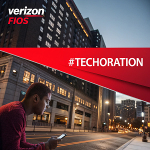 Homepage layout showcasing Verizon FiOS promotions. Dynamic design elements, including a vibrant red banner announcing upgrade offers. Incorporates #Techoration hashtag for social media integration. Darker background tones complementing the white text for contrast.