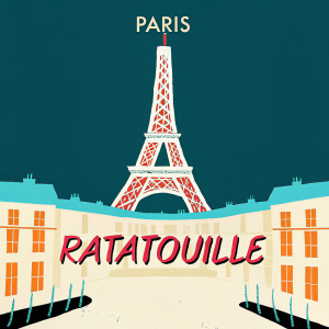 Digital illustration for Ratatouille's advertisement, featuring the iconic Eiffel Tower in detailed design. Text-heavy with Portuguese phrases and the Ratatouille logo. Muted color palette primarily in blue and brown tones, evoking a classic Parisian ambiance.