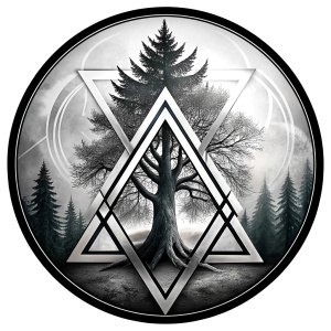 valknut vegvisir geometric symbols - ragnar and trees - tattoo design - perfect realistic art - high-definition - grey and black - white background 