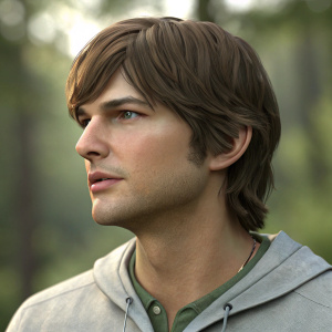 3D model of a male character, resembling Ashton Kutcher, with a medium-brown, medium-length haircut and a neutral expression. Set against a blurred greenish outdoor background.