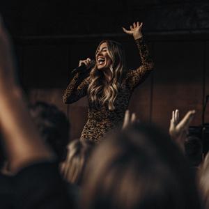 Cat Deeley, in a dynamic pose on stage. Wearing a cheetah print dress with high neckline. Audience blurred, hands raised in applause. Reddish-brown backdrop. Full of energy and joy.