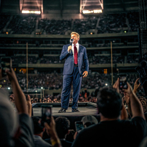Jack Del Rio, wearing a navy suit and red tie, addresses a packed stadium during halftime show.