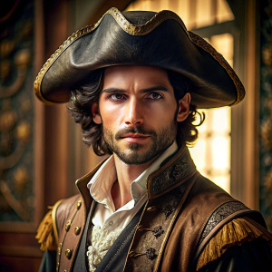 young handsome pirate man 30 years old wearing a captain's cocked hat on his head in a Renaissance costume, leave the brim around it
