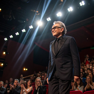 Harvey Keitel at Cannes Film Festival. Dark suit, glasses, standing on stage. Bright lights, audience applause