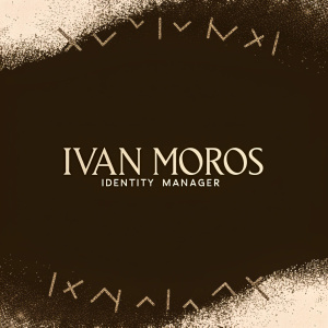 Logo design for Ivan Moros Identity Manager. Incorporates ancient runes and enigmatic shapes. Dark emerald and misty grey hues. Name 'Ivan Moros Identity Manager' in bold letters.